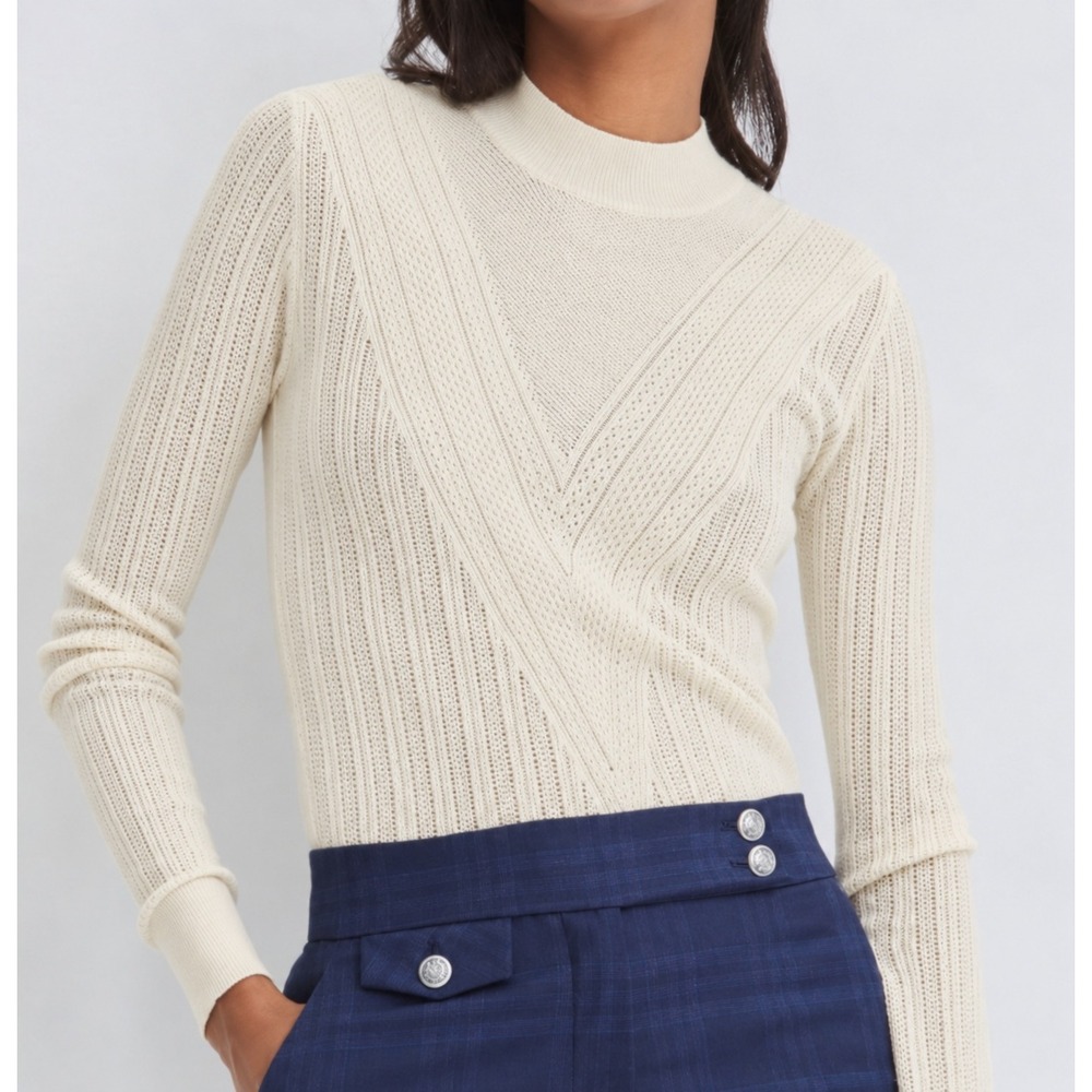 Veronica Beard Raylan Pointelle Chevron Sweater Womens Medium Cream Ivory $348